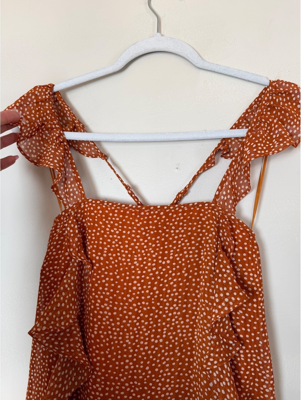 Sugar+Lips Women's Rust Orange Polka Dot Ruffle Mini Dress, Size Small - Picture 3 of 8